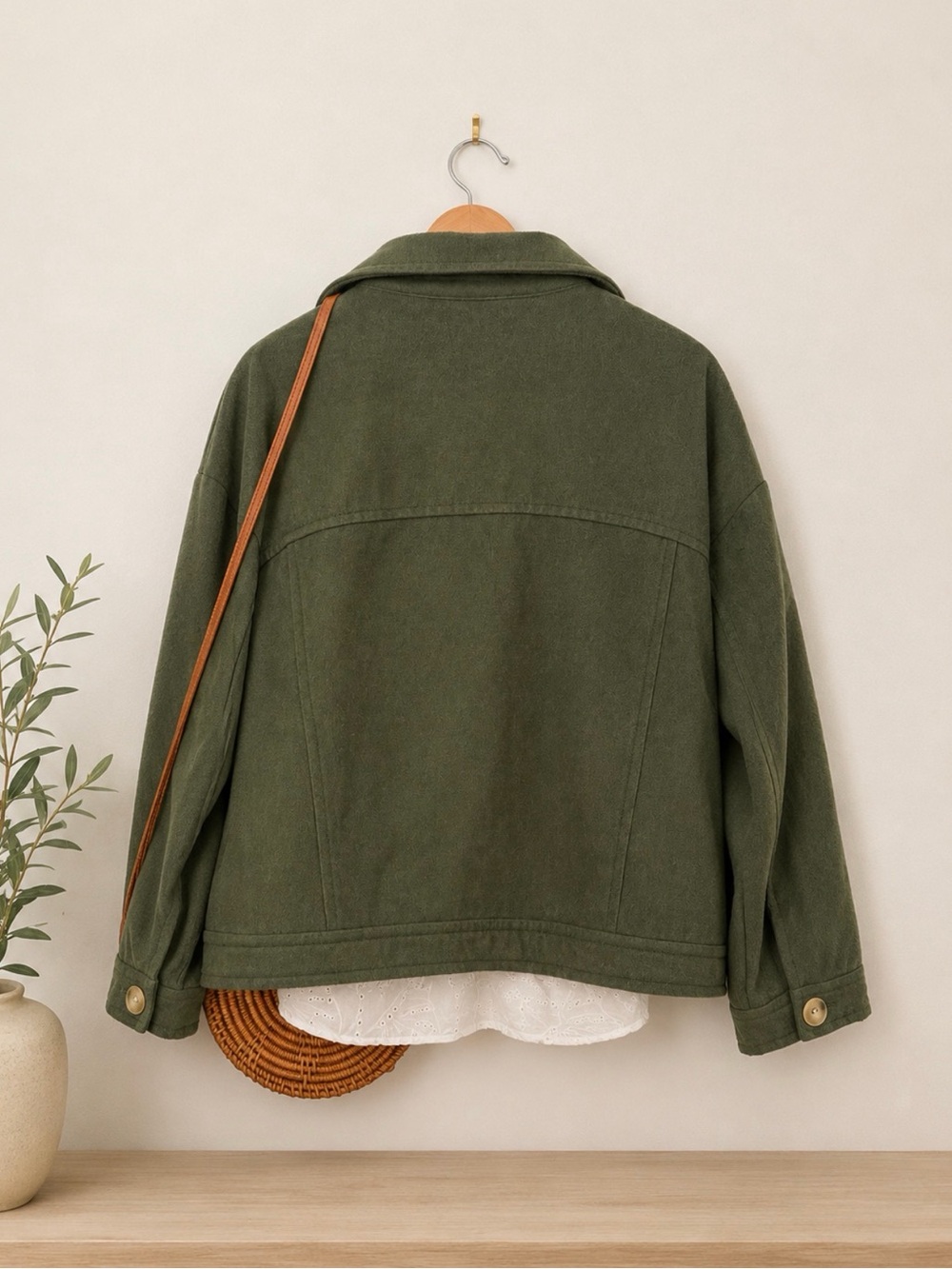 4 Piece Bundle | Oversized Olive Jacket | Blouse | Basket Purse | Necklace - Picture 10 of 13